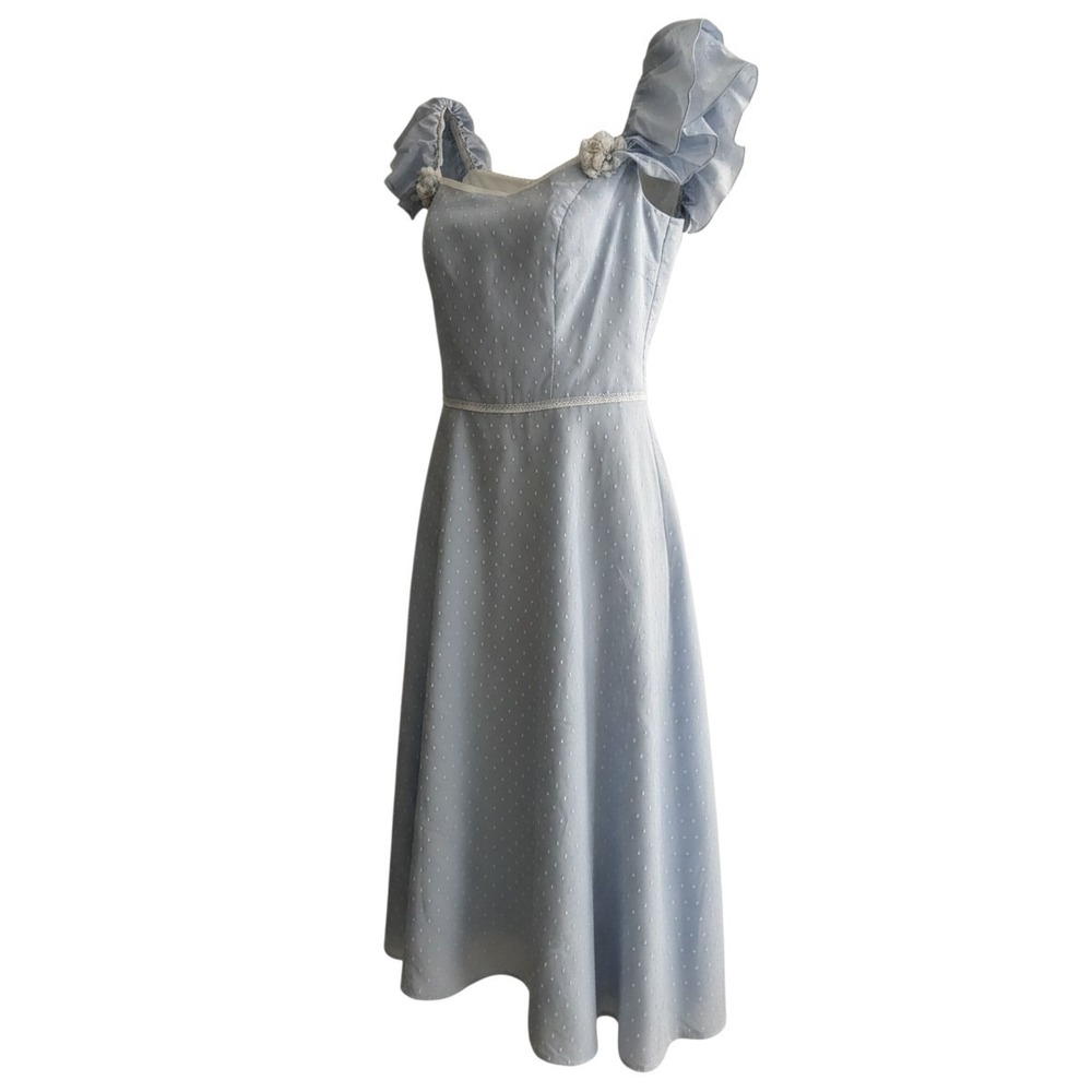 Priscilla of Boston Vintage Swiss Dot Wedding Bridesmaid Dress Blue Midi